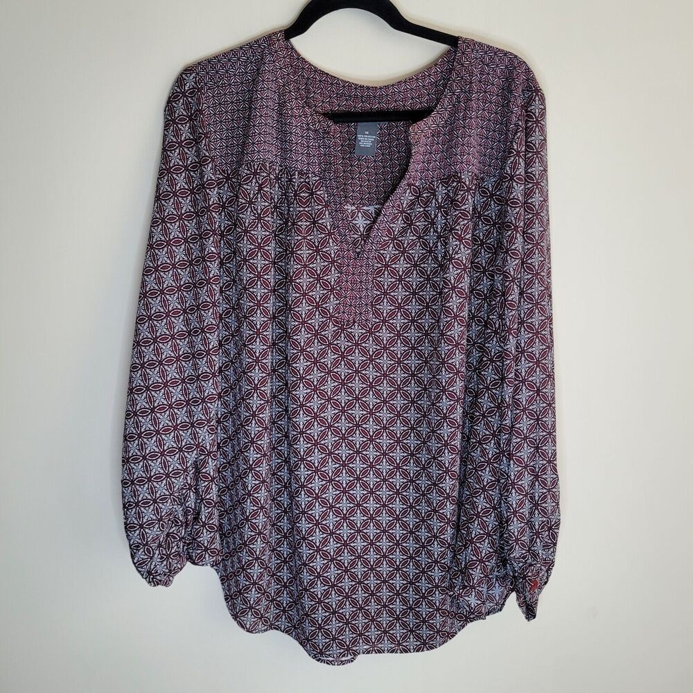 Chelsea & Theodore Womens Blouse Plus Size 1x Red Burgundy Black Geometric Boho
